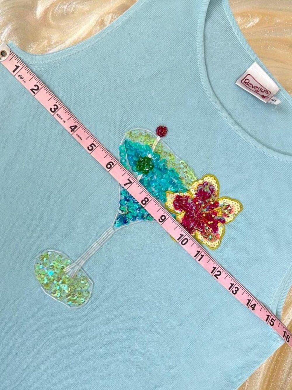Vintage Y2K Beaded Martini Tank Top ⭐️ Baby Blue Cocktail Tropical Sequin Tank - Picture 5 of 6